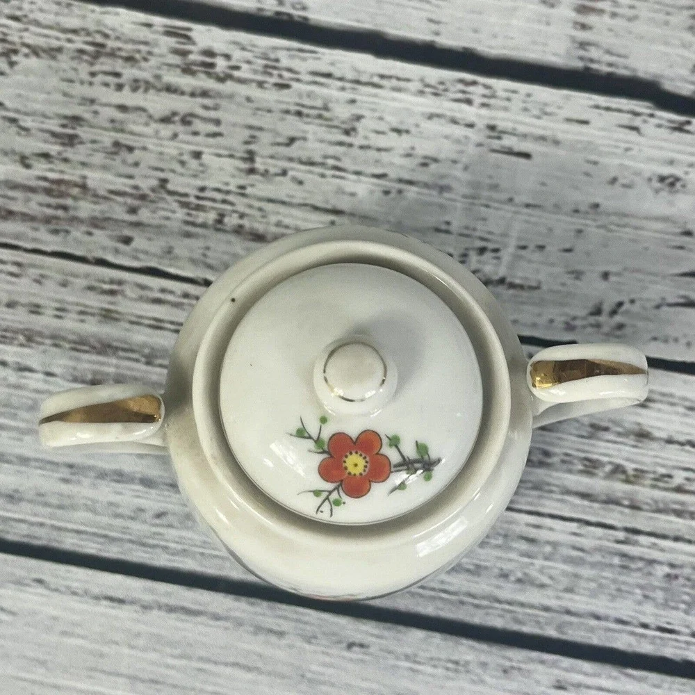 Vintage Hall's Orange Poppy Sugar Bowl & Lid Porcelain with Gold Trim